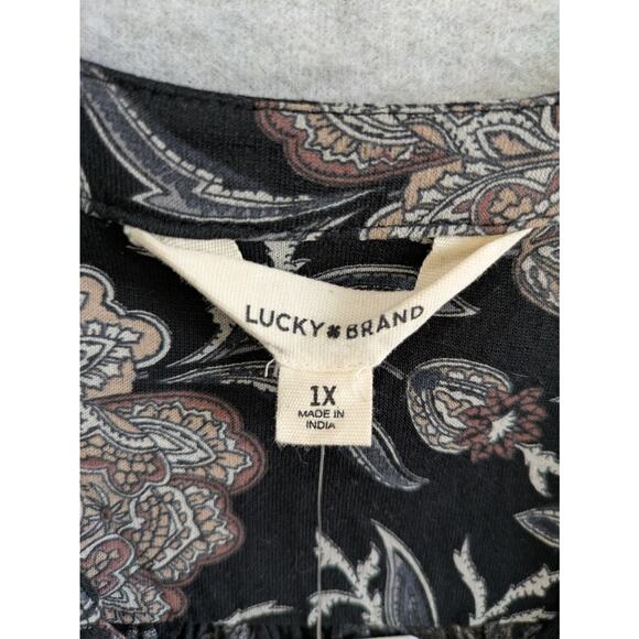 Lucky Brand Floral Top Women 1X Black Split V Neck 3/4 Sleeve Relax Fit Boho NWT - Picture 3 of 14